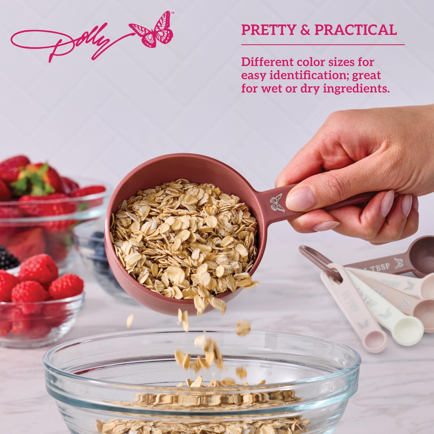 Dolly Parton Measuring Cups and Spoons Set, Pink with Butterfly Accents, Easy-Read Markings, Nesting Design with Ring, 1/4 tsp to 1 Cup, Baking and Cooking Essential, 9 Piece