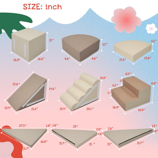 Merax Indoor Climbing Toys for Toddlers, 9-Piece Foam Climbing Blocks Climb & Crawl Tunnel Soft Play Set (9-Piece Cappuccino)
