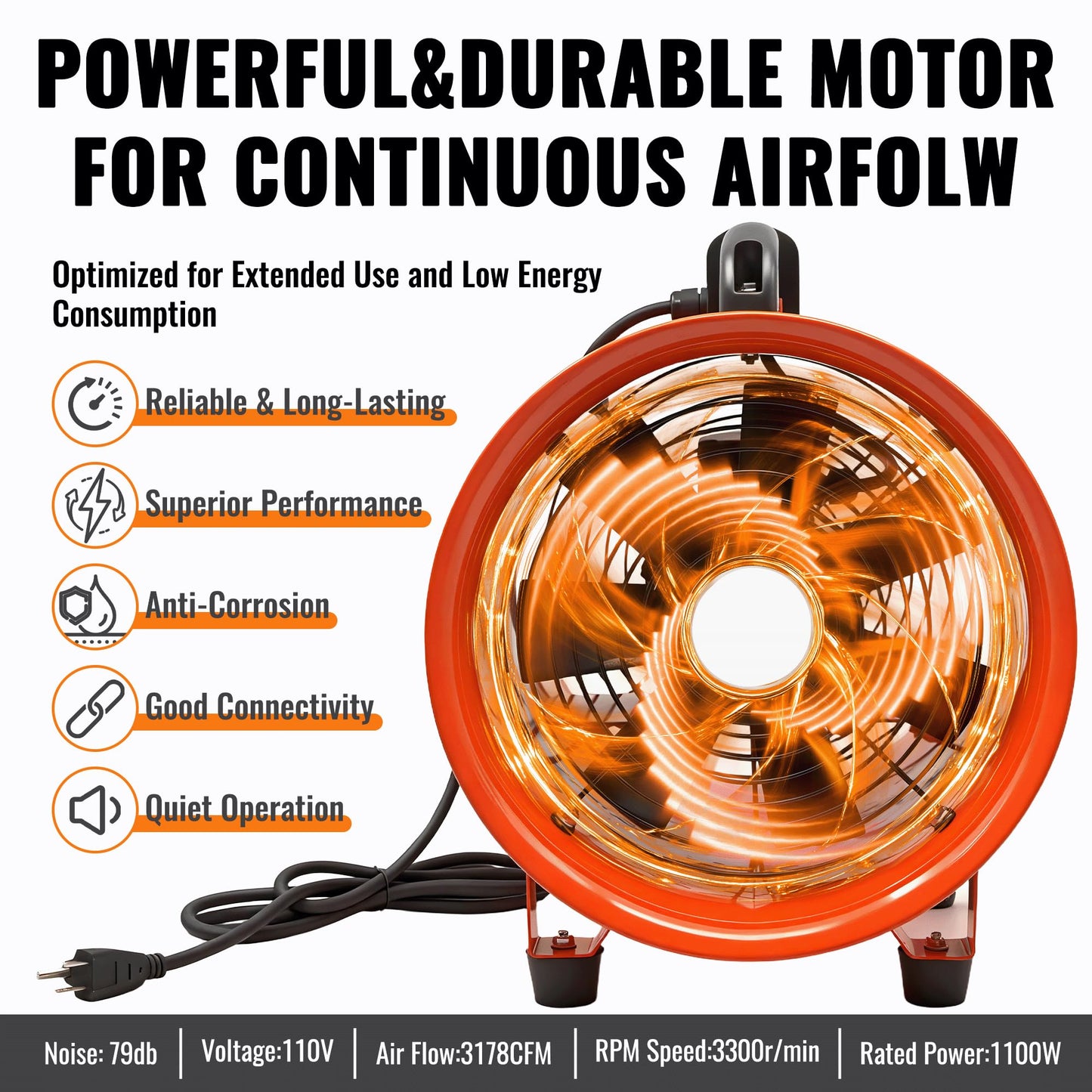 dreamdragon Upgraded 16-Inch Utility Blower Fan, Portable Industrial Exhaust Fan with 33ft Flexible Duct Hose, 3300 RPM Low-Noise Ventilator for Workshops Warehouses and Basements