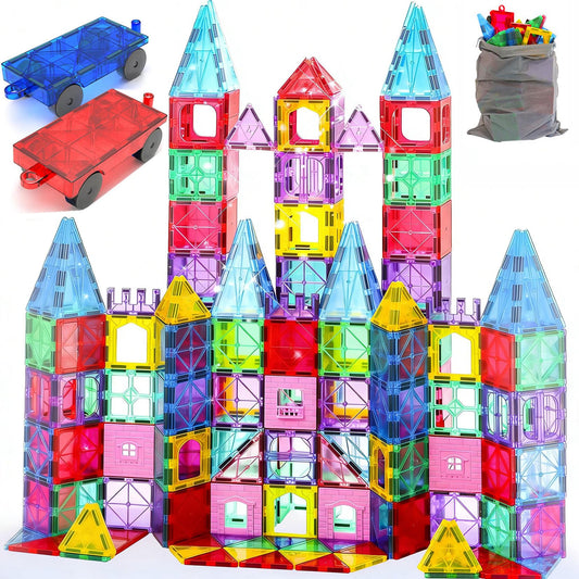 HAPPYMATY Upgraded Antibacterial Magnetic Tiles - 106 PCS Magnet Building Tiles with 2 Cars for Kids, Inhibits Bacterial Growth for Safe Play, 3D STEM Educational Construction Blocks & Xmas Gift
