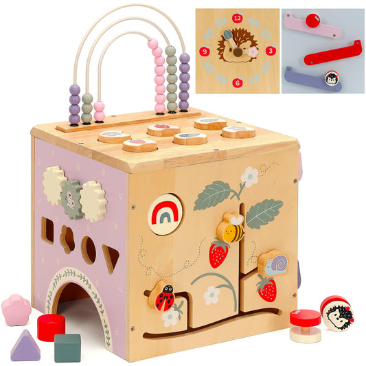 Pillowhale 8-in-1 Wooden Activity Cube for Toddlers 1–3, Montessori Learning Toy with Bead Maze, Shape Sorter, Sliding Tracks & Clock, Educational Play Cube for Baby 12M+