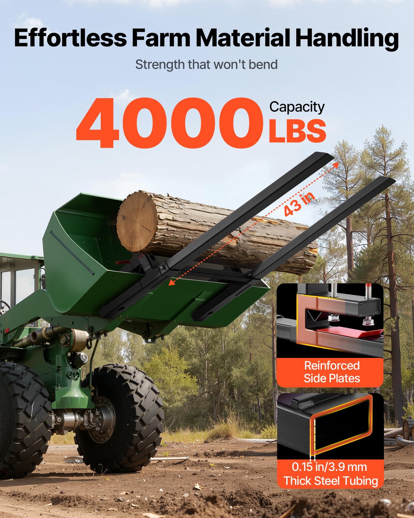 VEVOR Pallet Forks, 4000 lbs Clamp on Pallet Forks, 60-Inch Total Length Heavy-Duty Tractor Fork with Adjustable Stabilizer Bar for Tractor Attachments, Loader Bucket, and Skid Steer, Black
