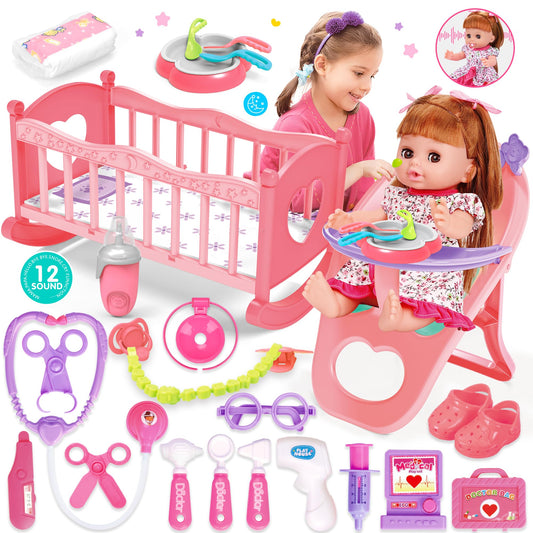 Baby Doll Toys Set, 14" Doll Toys, 25Pcs Dolls Care Toy Playset, Toddlers Toy Dolls Set Incl Cradle Crib, High Chair, Milk Bottle, Pacifier, Diaper, Baby Gift for Age 3 4 5 6+ Years Old Girls Boys