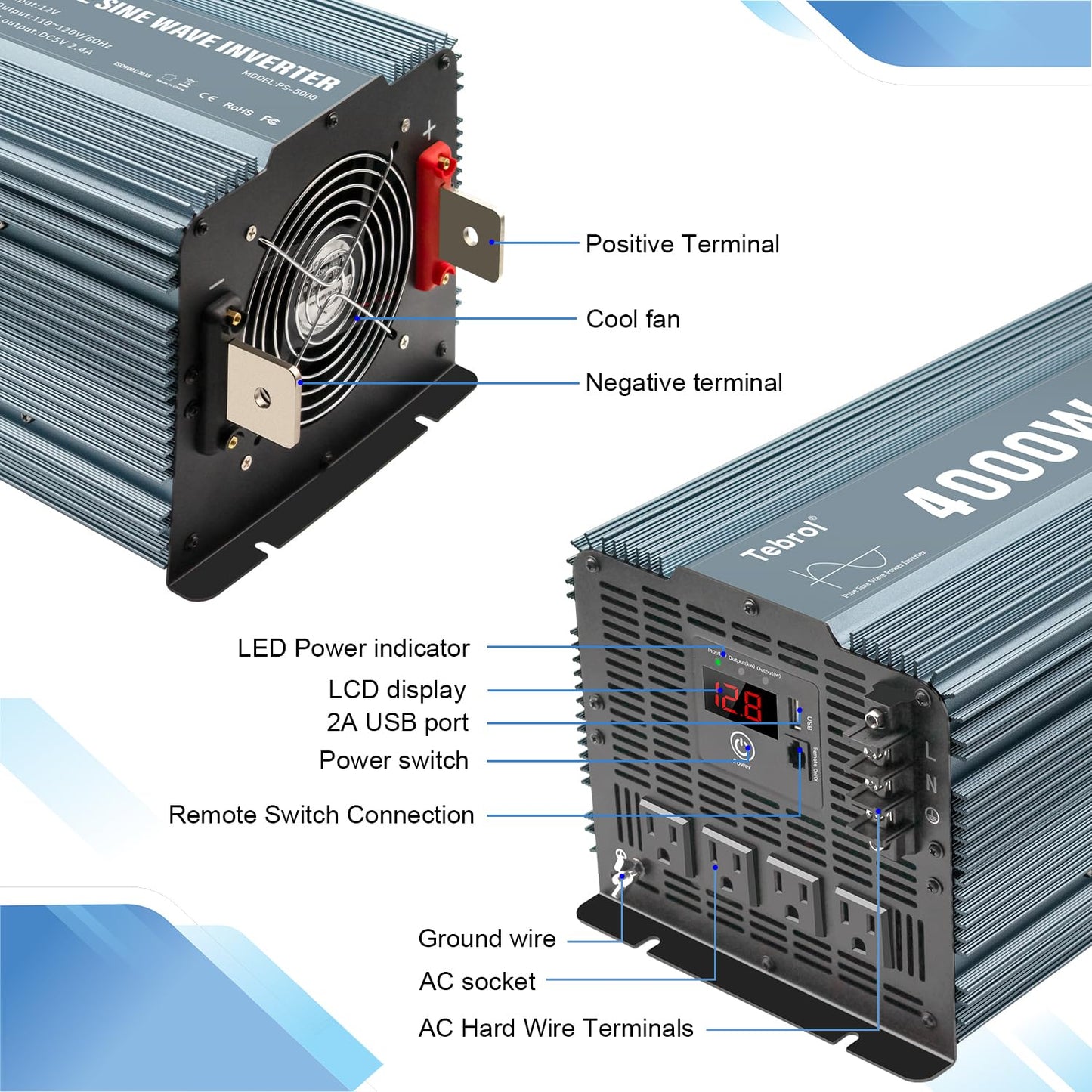 4000W Pure Sine Wave Inverter 12V DC to 110V AC Converter for Home, RV, Truck, Off-Grid Solar Power Inverter with Built-in 5V/2.1A USB, AC Hardwire Port, Remote Controller