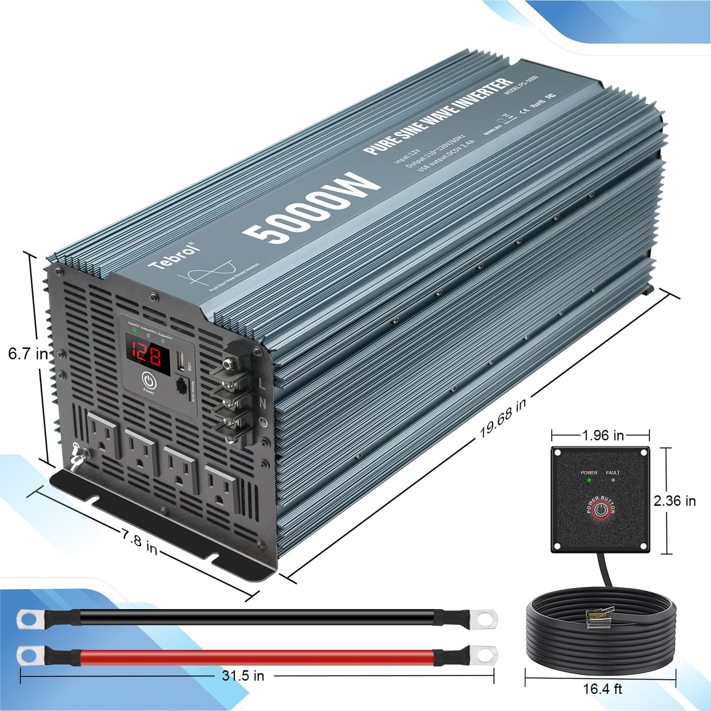 5000 watt Pure sine Wave car Power Inverter 12v to 110v /120V Inverter for car Vehicles Truck Camping Solar Panel Power Converter Adapter with Clamps Inverter 5000W