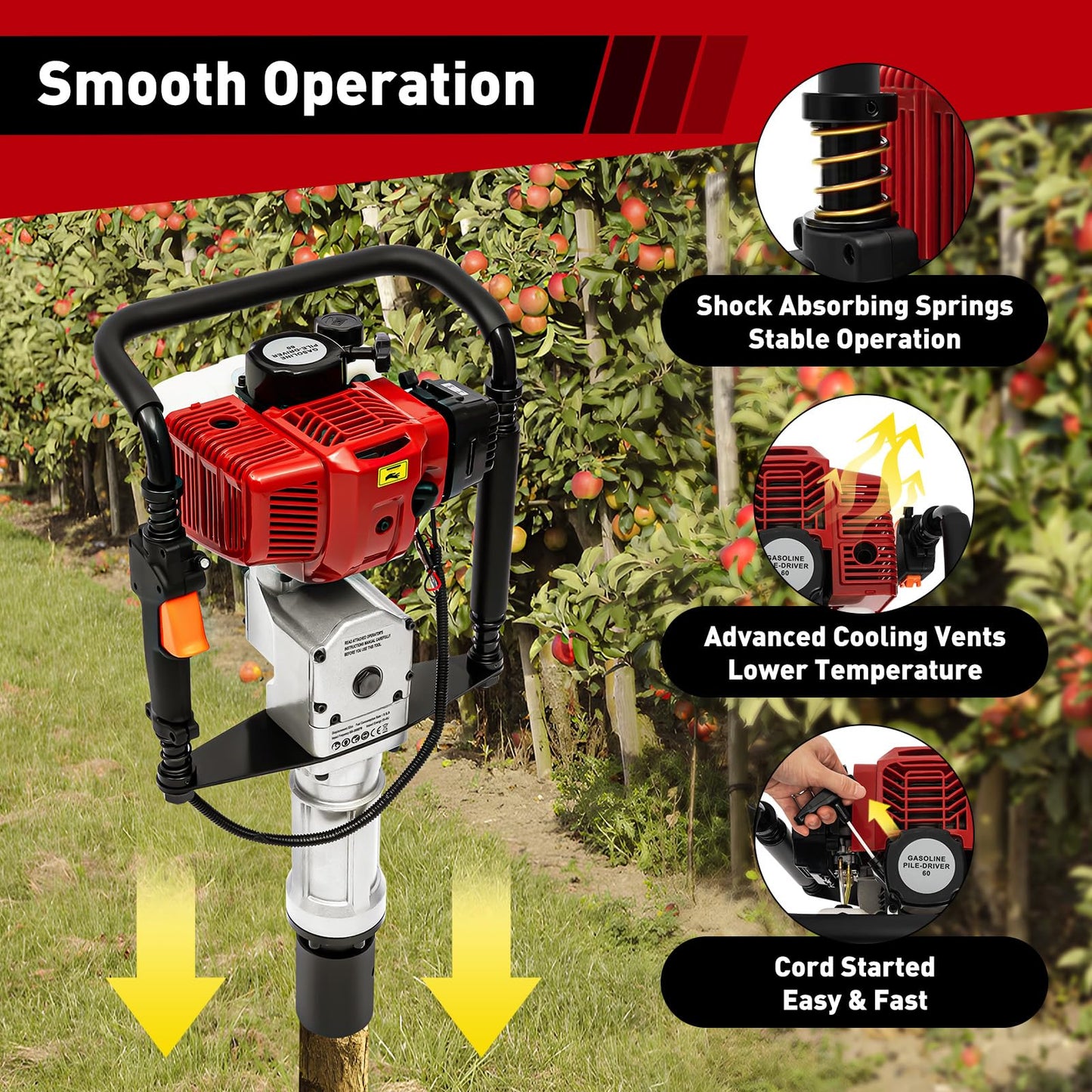 POIOKLJRE 52CC Gas Powered T Post Driver, 1900W Air-Cooled Petrol Piledriver w/Shock Absorption & 2 Socket Sizes (55/70mm), for Fencing & Solar