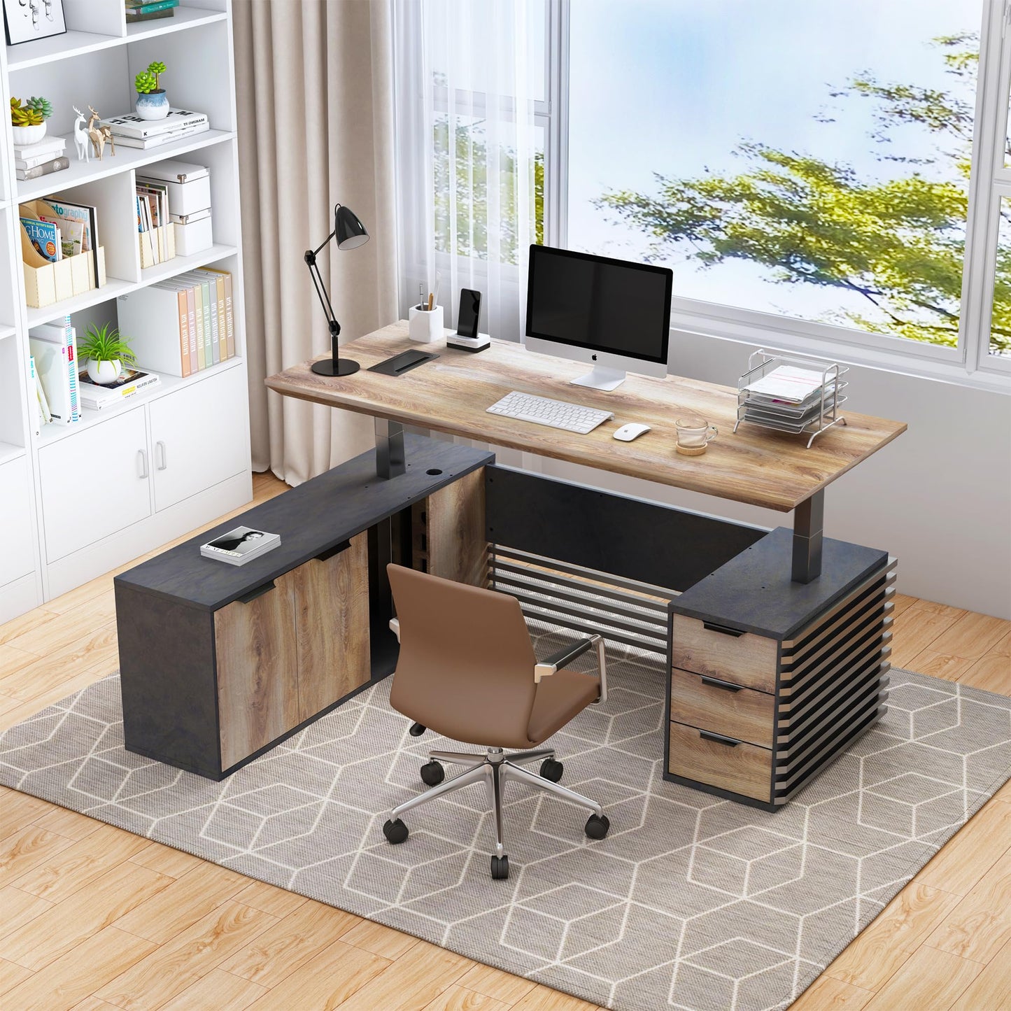 ONNAHOMEStlyle 78.74IN Adjustable Heigh L Shaped Executive Desk w/Cabinet Storage, Modern Computer Standing Home Office Desk w/Universal Charging Ports, Large Writing Table Business Workstation