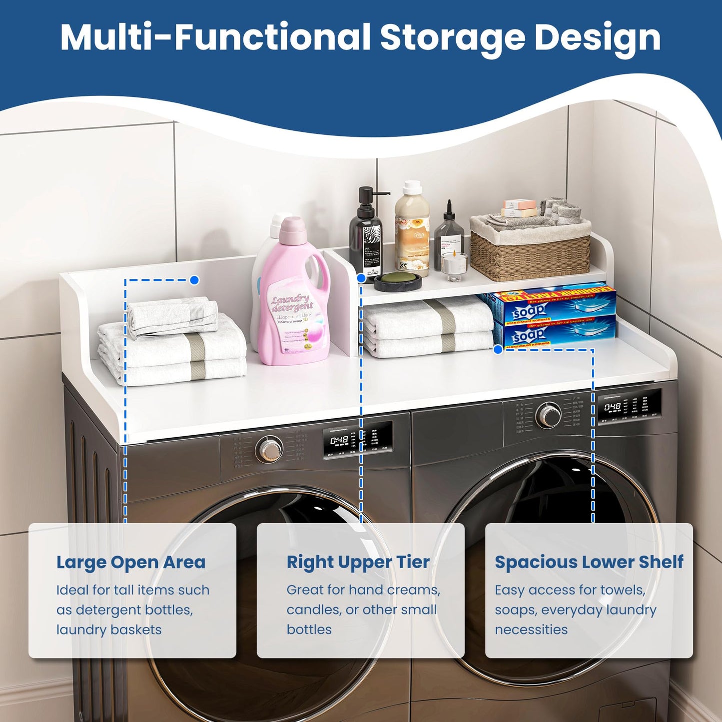 BREENHILL Washer Dryer Countertop with Open Storage Shelf & Raised Edge Guard, Laundry Countertop Over Washer Dryer, Non-Slip Heavy Duty Wood Topper for Front Load Machines, White
