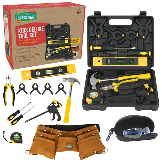 SparkJump Deluxe Kids Tool Set, Real Tools with Tool Belt & Tool Box, Beginner Tool Kit for Boys & Girls Ages 6 & Up, Brown Ultimate Tool Set