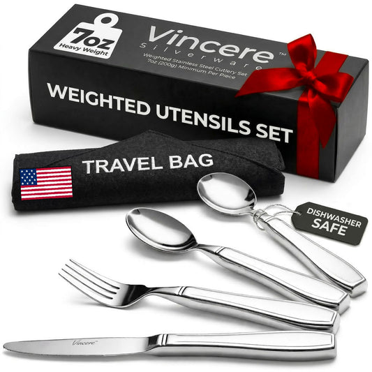 Weighted Utensils for Tremors and Parkinsons, Heavy Weight Stainless Steel Silverware Set, Adaptive Eating Flatware Helps Hand Tremors, Parkinsons Aids for Living, Arthritis - Knife, Fork, Spoons, 7oz