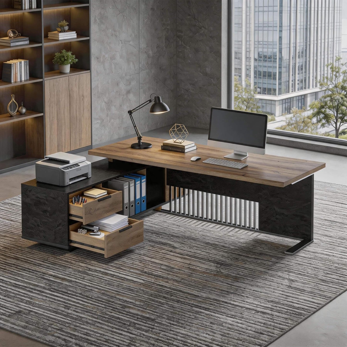 SAINTCY L-Shaped Executive Desk, Industrial Office Desk with Drawer & Cabinet, Large Wood Desktop, Unique Stainless Steel Privacy Screen (Left Return, 78.74")