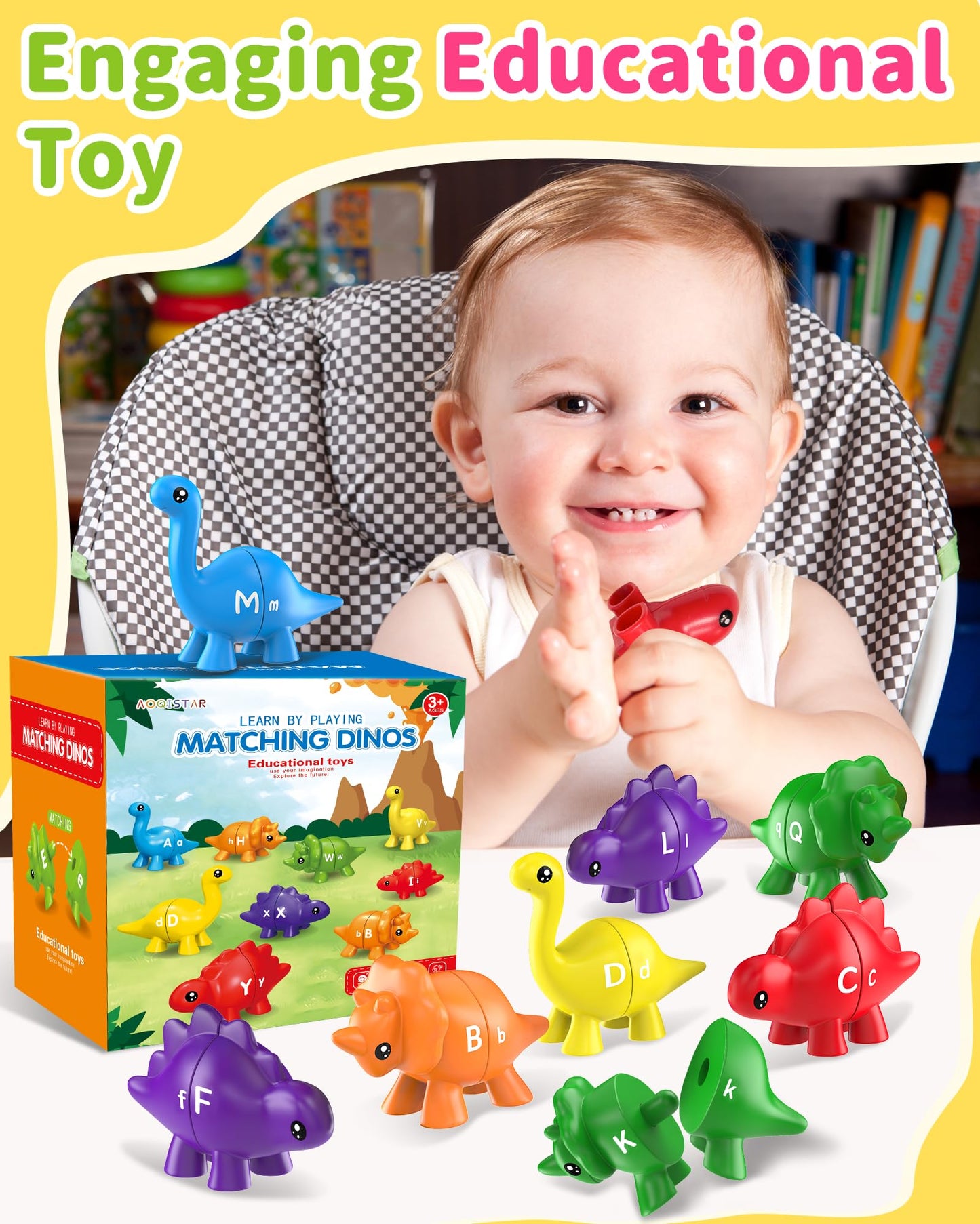 Walenty 26PCS Dinosaur Alphabet Learning Toys for Toddlers Kids 3-5, Montessori Educational Toys Gifts for 3 4 5 Year Old Boy Girl, Preschool Learning Activities, Double Sided ABC Matching Game