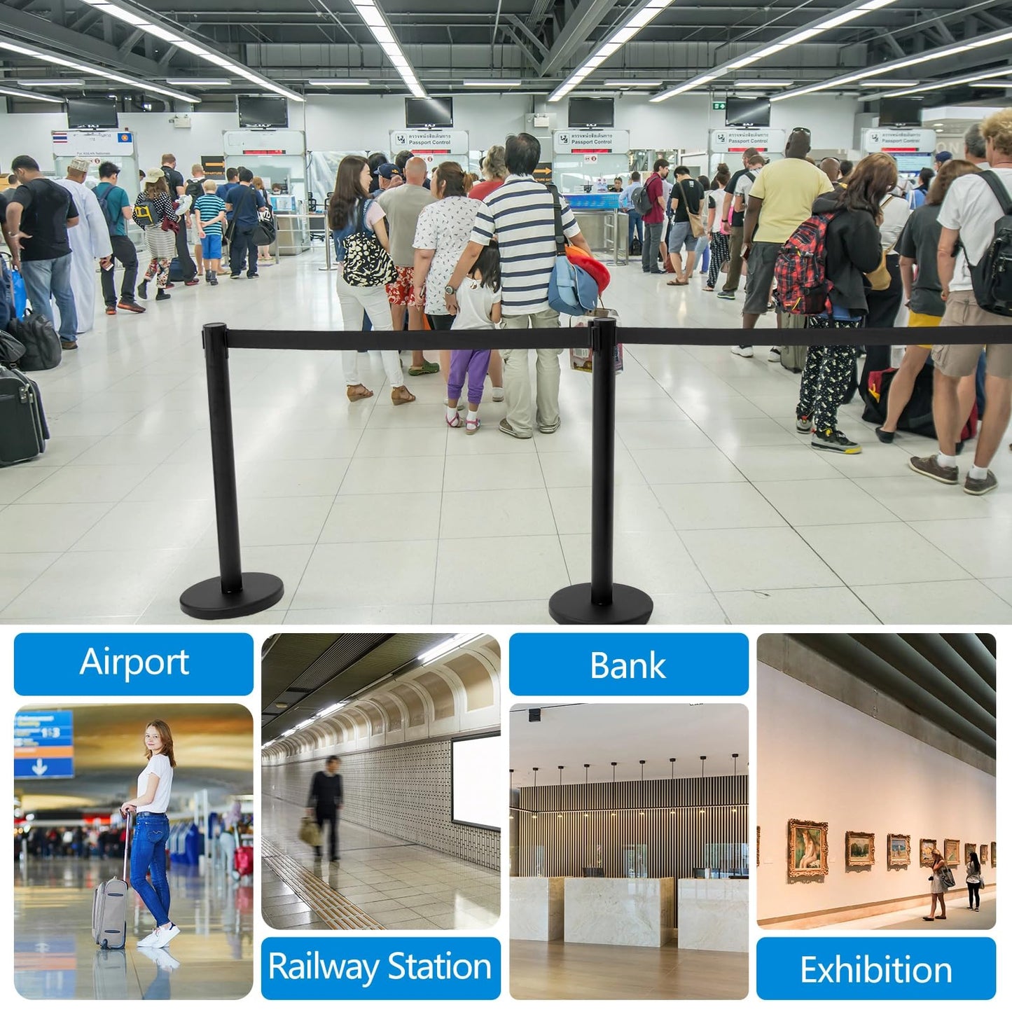 Geelin 6 Pack Heavy Duty Crowd Control Stanchions Stanchion Set with Safety Barrier Post with Retractable Belt and Sign Holder Crowd Control Barrier (9.8ft,Black)