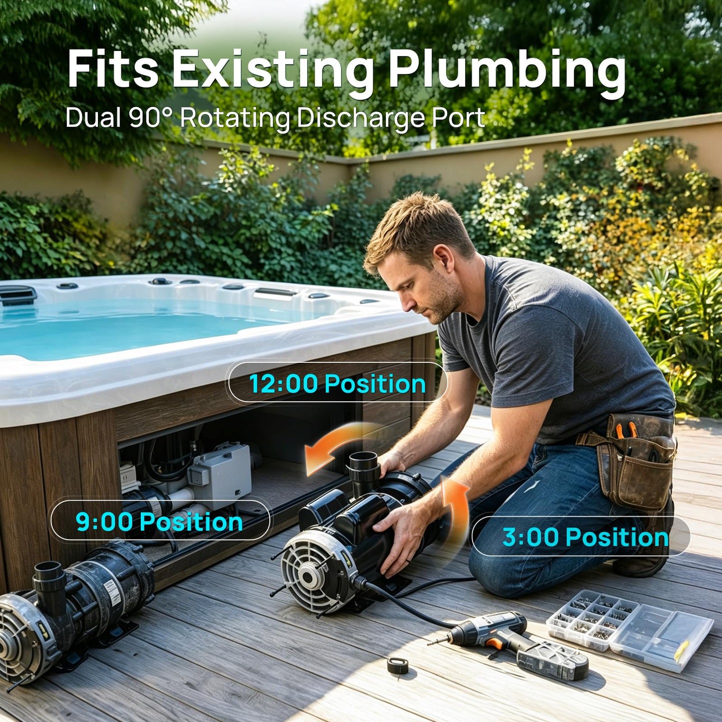 Aquastrong SPA Pump, Dual Speed Hot Tub Pump, Pure Copper Motor, Low Noise, Easy Installation with 1.5" & 2" Adapters, 90° Rotating Inlet & Outlet, Compatible with Hot Tubs & Spa Systems, Black