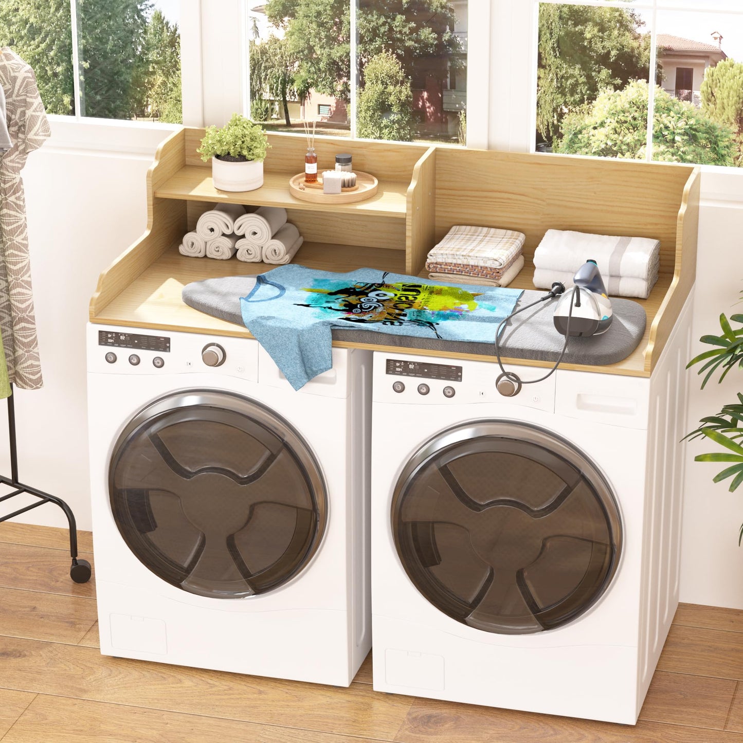 YEMNMFH 2-Tier Washer Dryer Countertop - 54” W x 27.5” D Laundry Room Organization and Storage, 100% Solid Wooden Washer and Dryer Topper, Space-Saving Laundry Countertop with Anti-Slip Pads, Natural