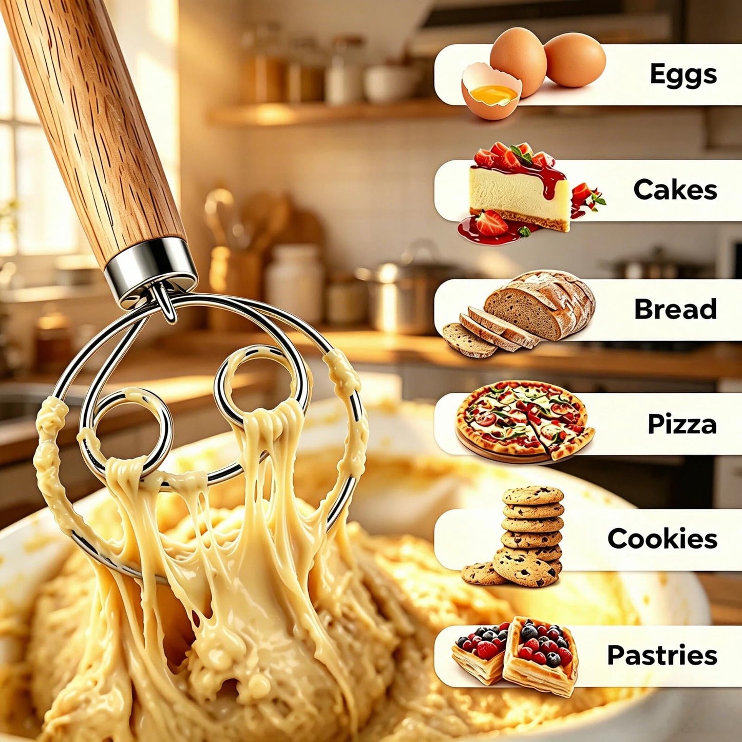 Maxjoy Danish Dough Whisk Stainless Steel Wooden Handle for Sourdough Bread Baking