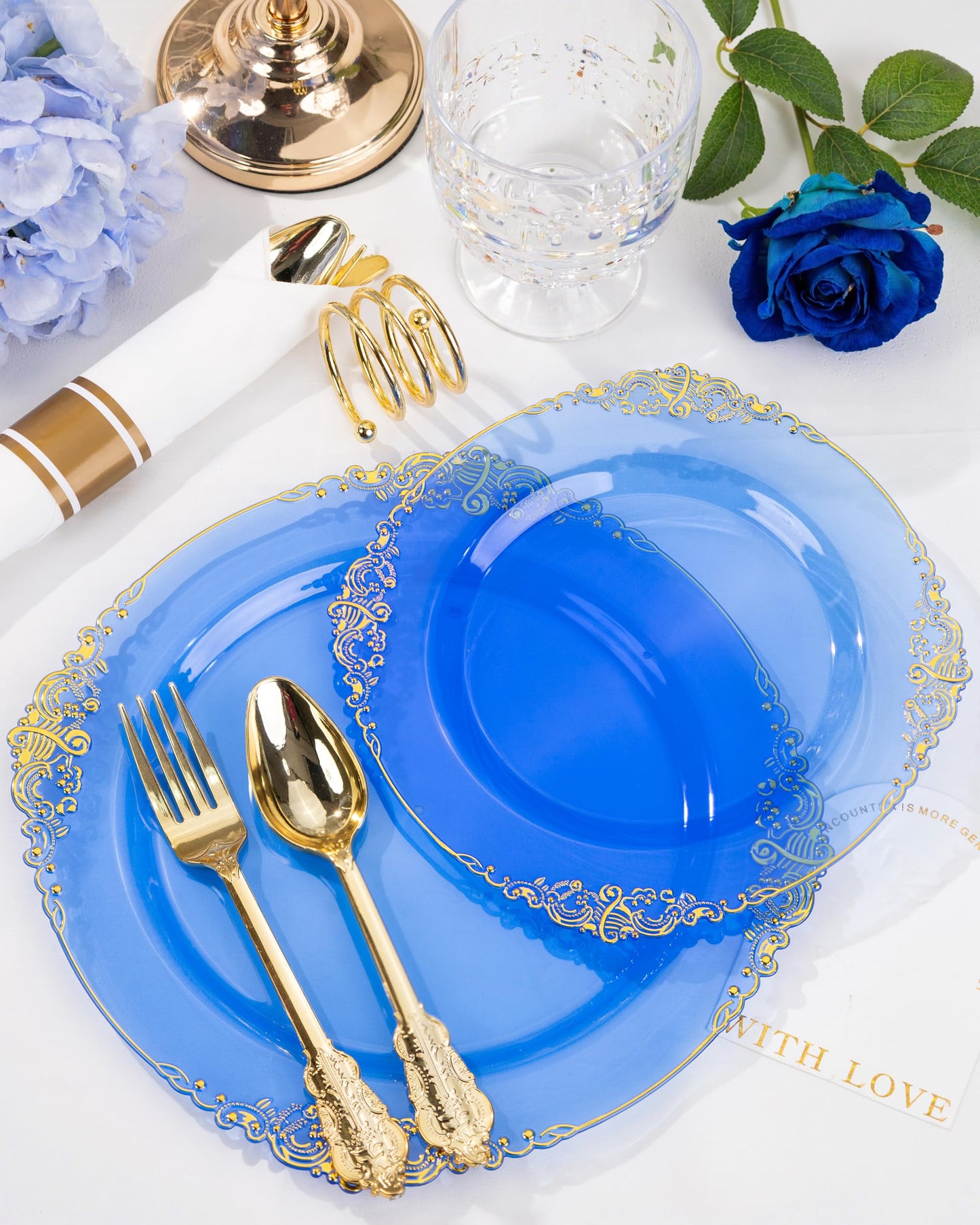 Nervure 175PCS Blue Plastic Plates - Disposable Blue Gold Party Plates & Pre Rolled Napkins with Cutlery for 25 Guests, 50Plates, 75Silverware, 25Cups, 25Napkin for Wedding & Party & Independence Day