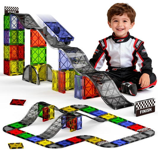 MEIQ Magnetic Downhill Racer Set 40-Piece with Car & Tracks, STEM Magnetic Tiles Building Toys for Kids Ages 3-8, Montessori Learning Toys with Reinforced Slopes & Loop Pieces