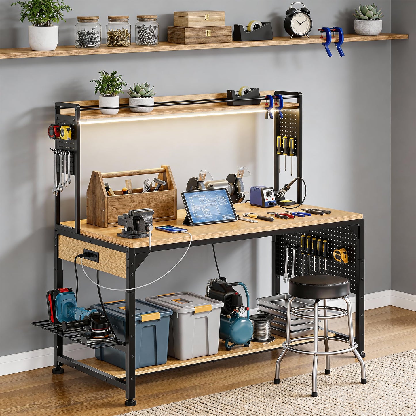 DWVO 59"x31" Adjustable Height Workbench with Pegboard and Storage Shelf, Heavy Duty Work Bench with Wheels, Load 1100lb, Work Table with AC/USB Outlet, LED Light, Hooks, for Garage, Workshop, Home