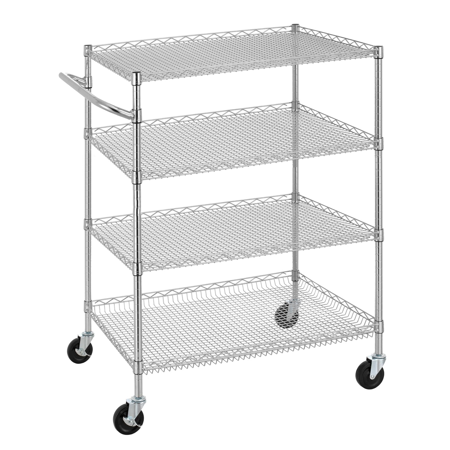 Finnhomy 4 Tier Heavy Duty Commercial Grade Rolling Cart with Handle Bar, Metal Wire Utility Cart with Wheels, Service Trolley on Wheels, Shelf Size 24" D x 36" W, NSF, Chrome
