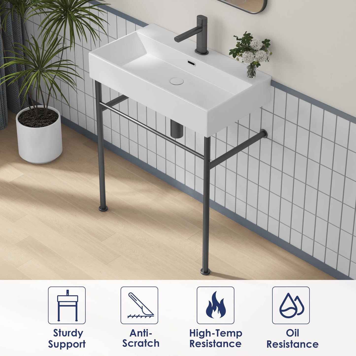Eridanus 30"x16" Console Bathroom Sink, Free Standing 30 Inch Bracket Stainless Steel Support Pedestal Legs, Wall Mount Vessel Ceramic Vanity Basin, Modern Rectangular Sinks Porcelain, Matte Black