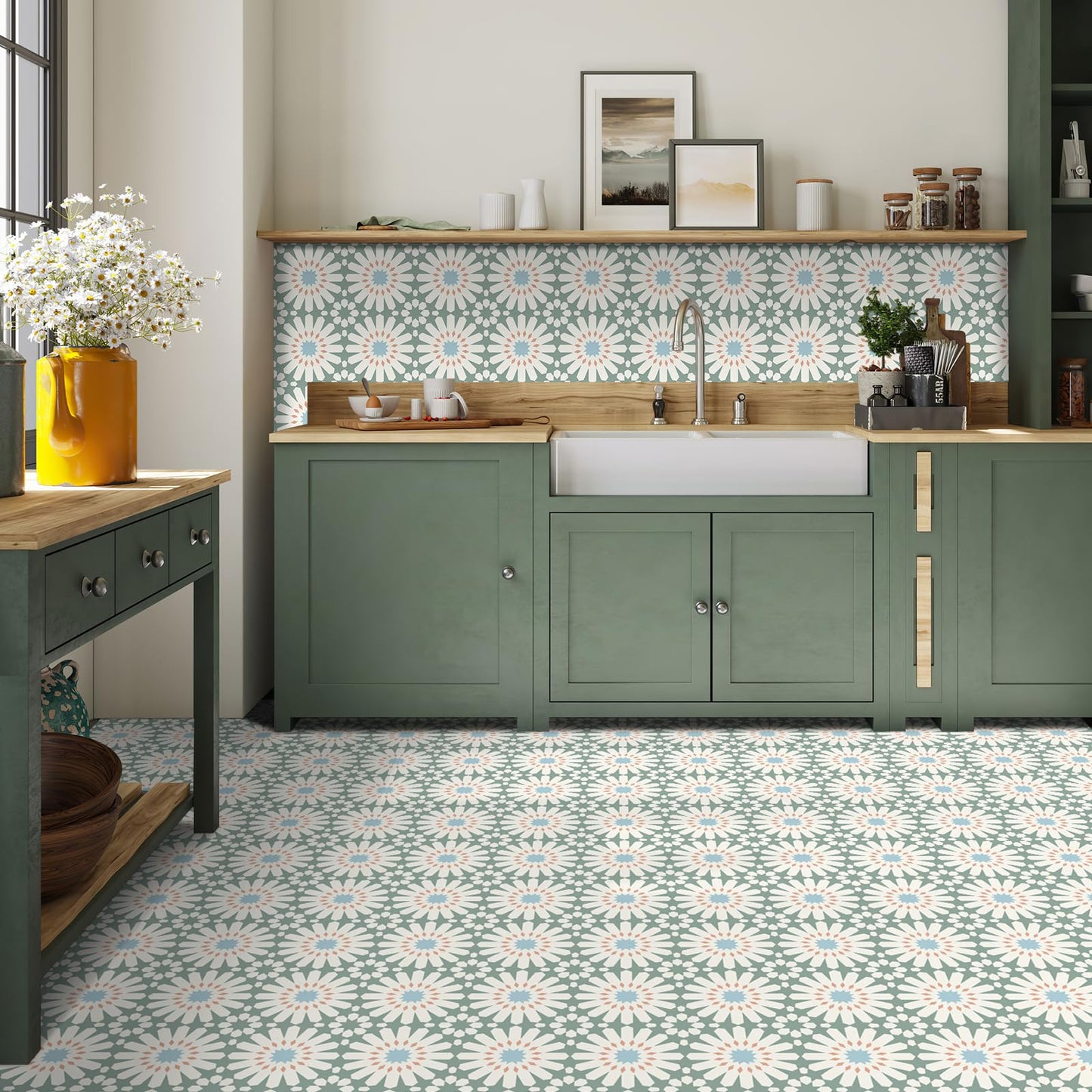 MORCART Peel and Stick Floor Tile - 20 PCS, 7.87" x 7.87" Vinyl Flooring - Waterproof Self-Adhesive Tile Sticker for Wall Backsplashes, Bathroom, Kitchen - Green and White Floral Look