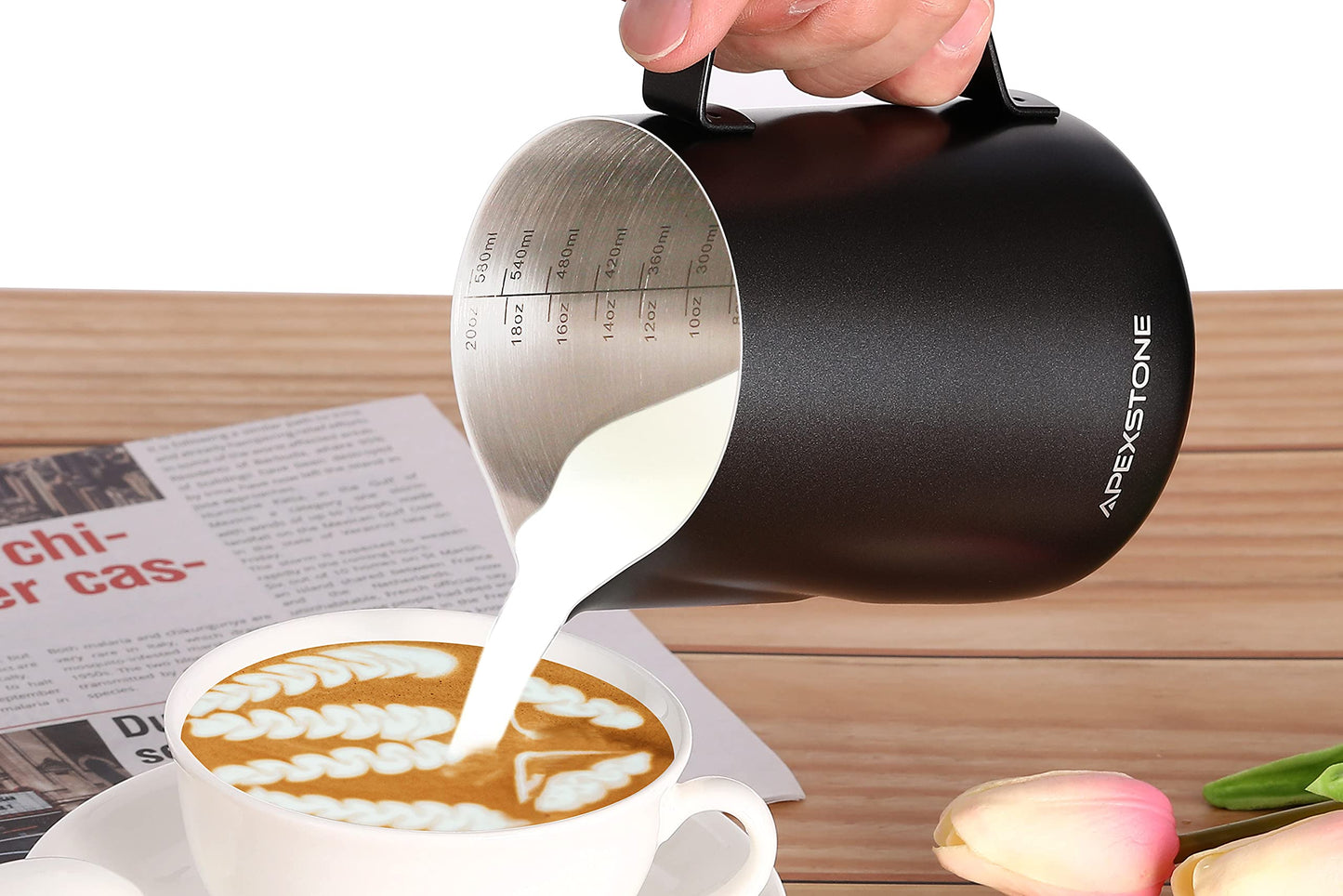 Apexstone 20 oz Black Espresso Steaming Pitcher, Espresso Milk Frothing Pitcher 20 oz Black, Coffee Milk Frothing Cup, Coffee Steaming Pitcher 20 oz/600 ml