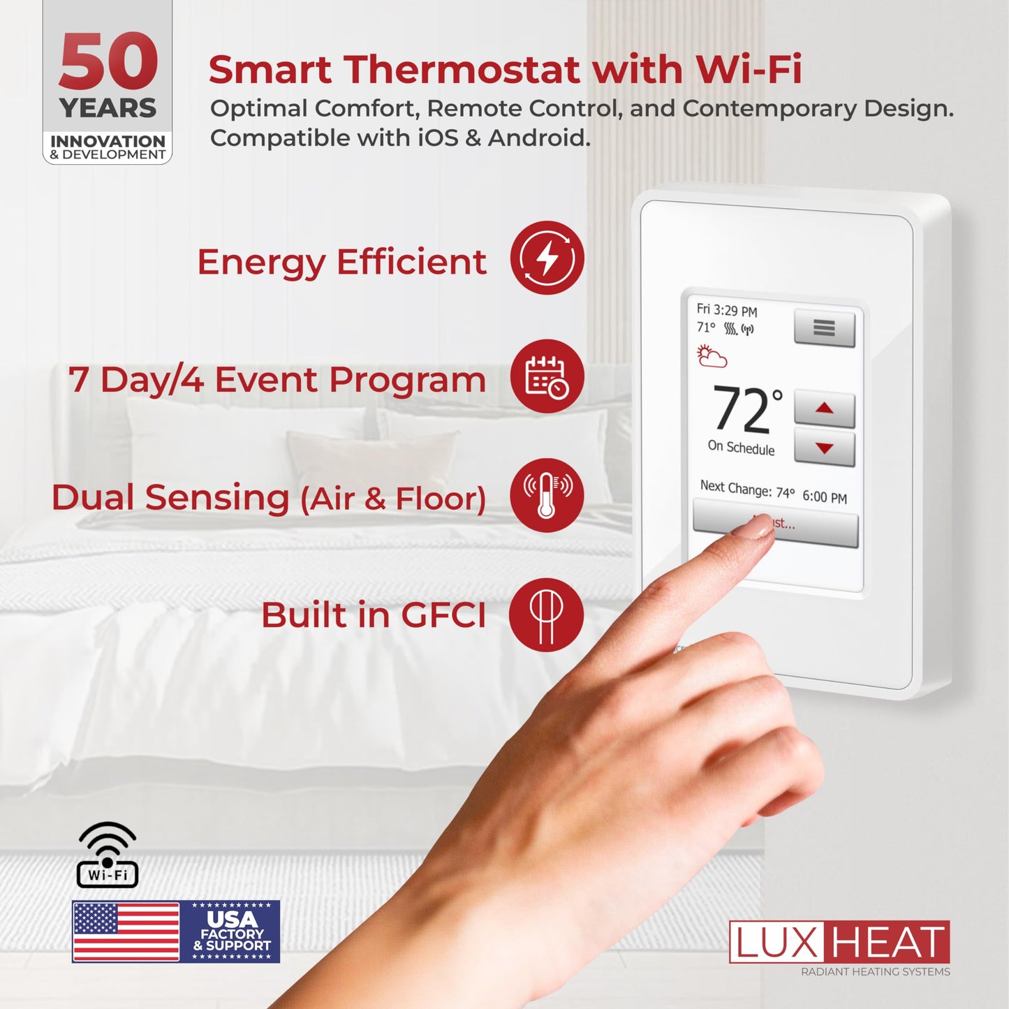 LuxHeat 120sqft Floor Heating Mat Kit - 120v Floor Heating System - Electric Radiant Heated Flooring System for Tile & Laminate - Includes UWG4 WiFi Programmable Thermostat w/GFCI, Alarm & Sensor