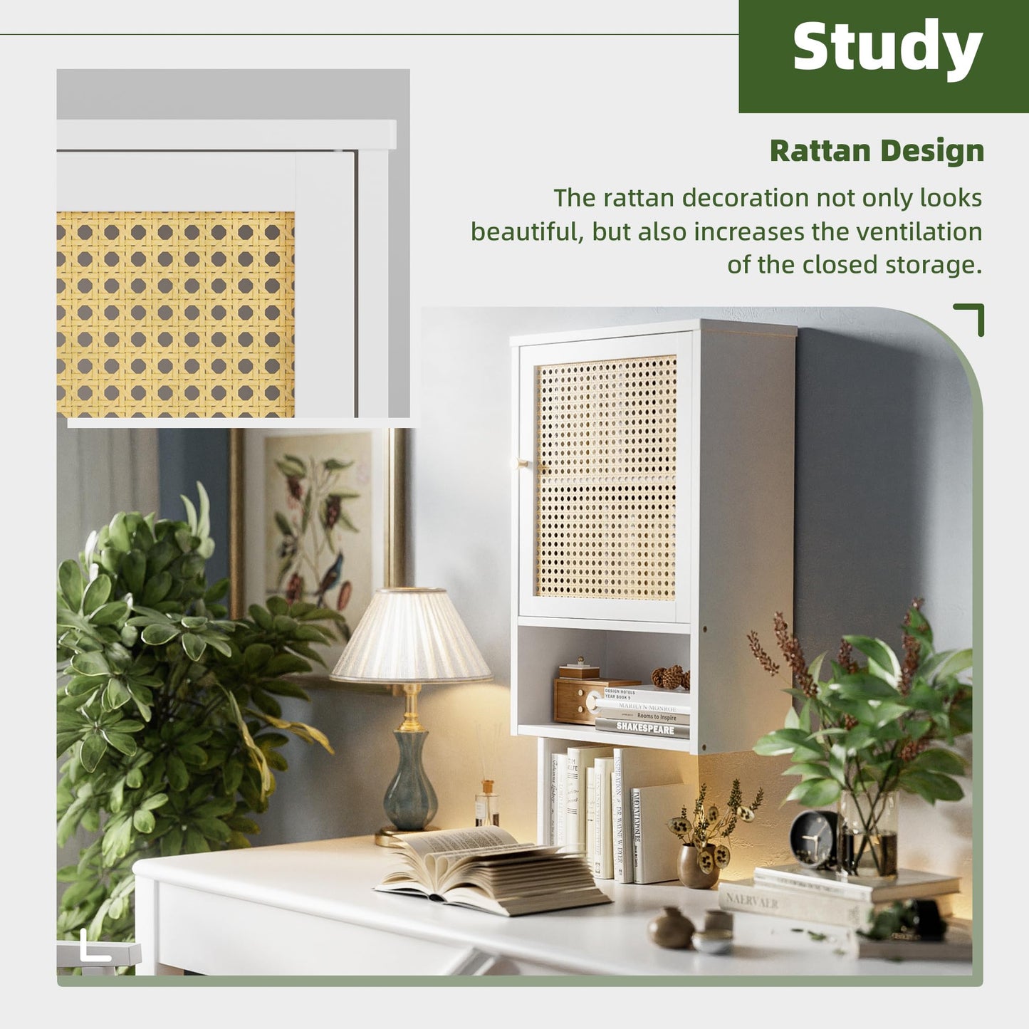 vovala Bathroom Wall Cabinet, Bamboo Over-The-Toilet Storage Organizer with Rattan Doors and Adjustable Shelf, Space Saver Medicine Cabinet for Laundry, Kitchen, Living Room (White)