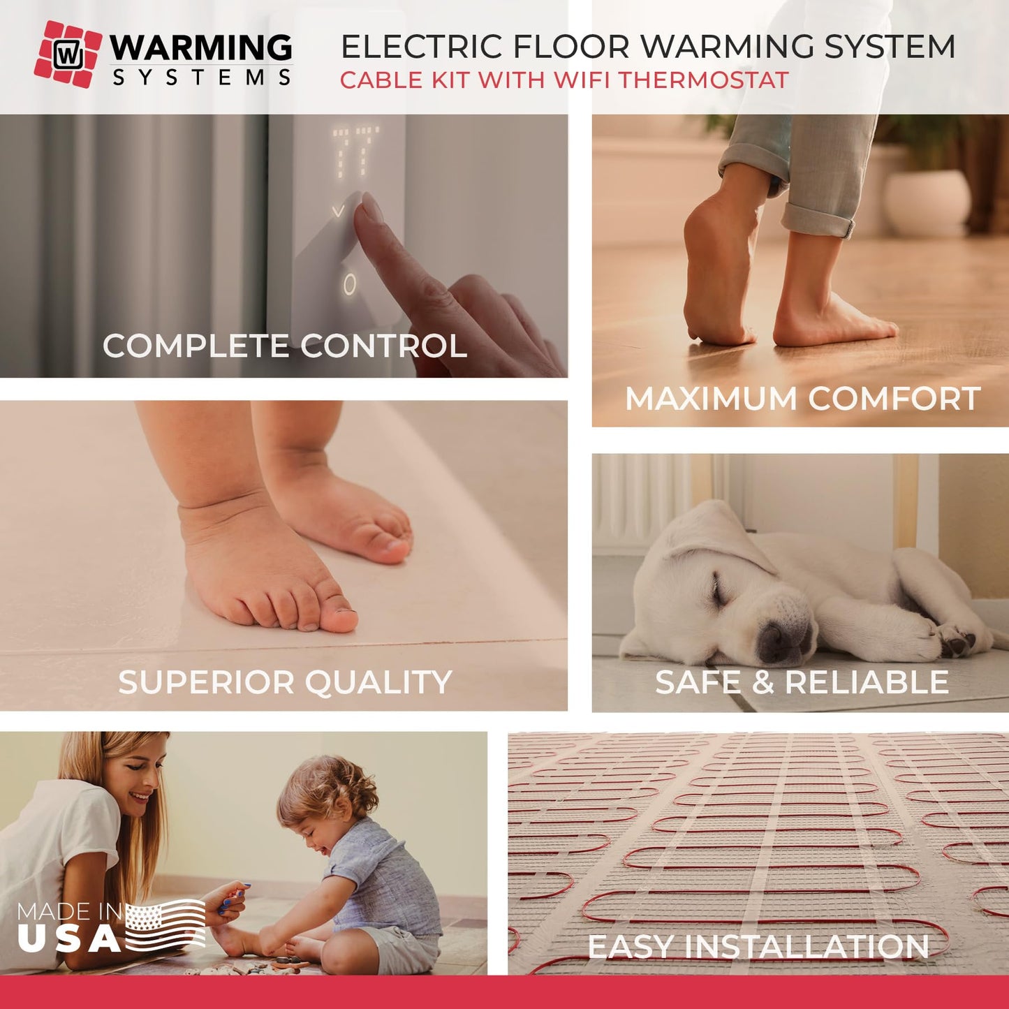 Warming Systems - 150 Sqft Electric Radiant Floor Heating Cable Kit – 120V Heated Tile Floor System with UWG5 Programmable Thermostat, Sensor, Installation Monitor & 25 Year Warranty, Made in the USA