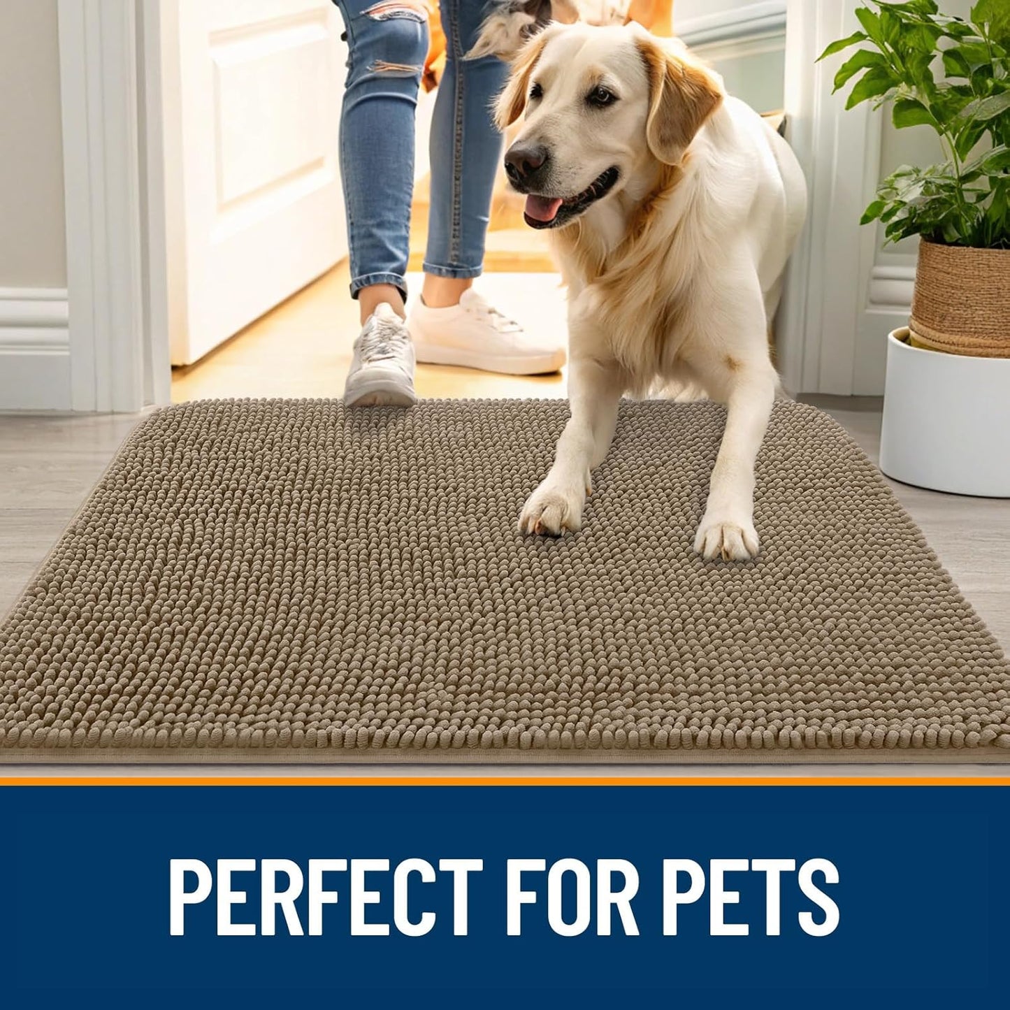 OLANLY Dog Door Mat - Absorbent Non-Slip Chenille Mat for Muddy Paws | Quick Dry 32x20 Tan Doormat
