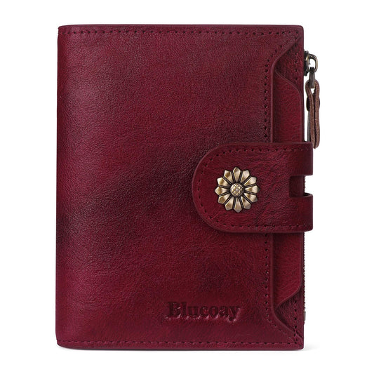 Blucoay Wallet Women,RFID Blocking Real Leather Womens Wallet Bifold Compact Card Holder Small Wallet for Women with Removable ID Window Red