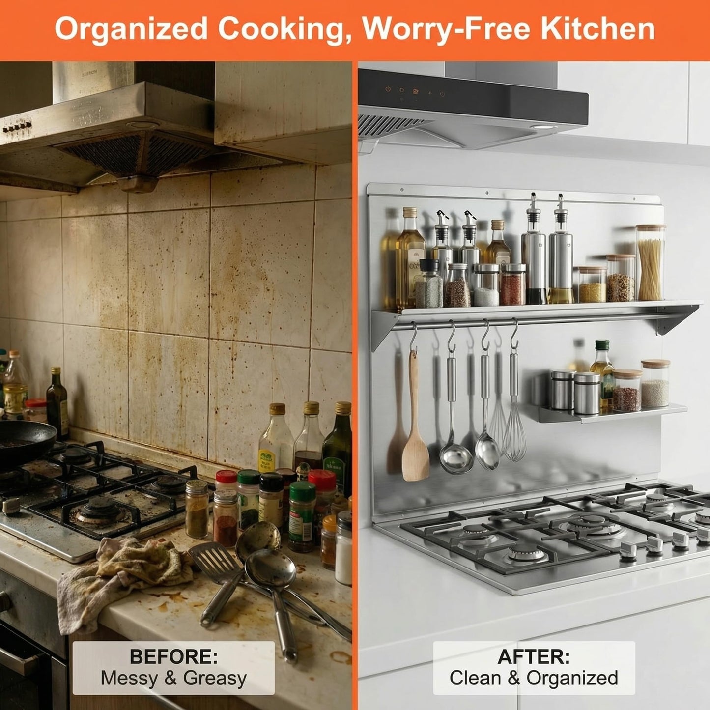 MIAOOWITH 36×29.5 Inch Stainless Steel Stove Backsplash with Shelf, Rust-Proof Kitchen Wall Protector Stainless Steel - Easy No-Drill Installation