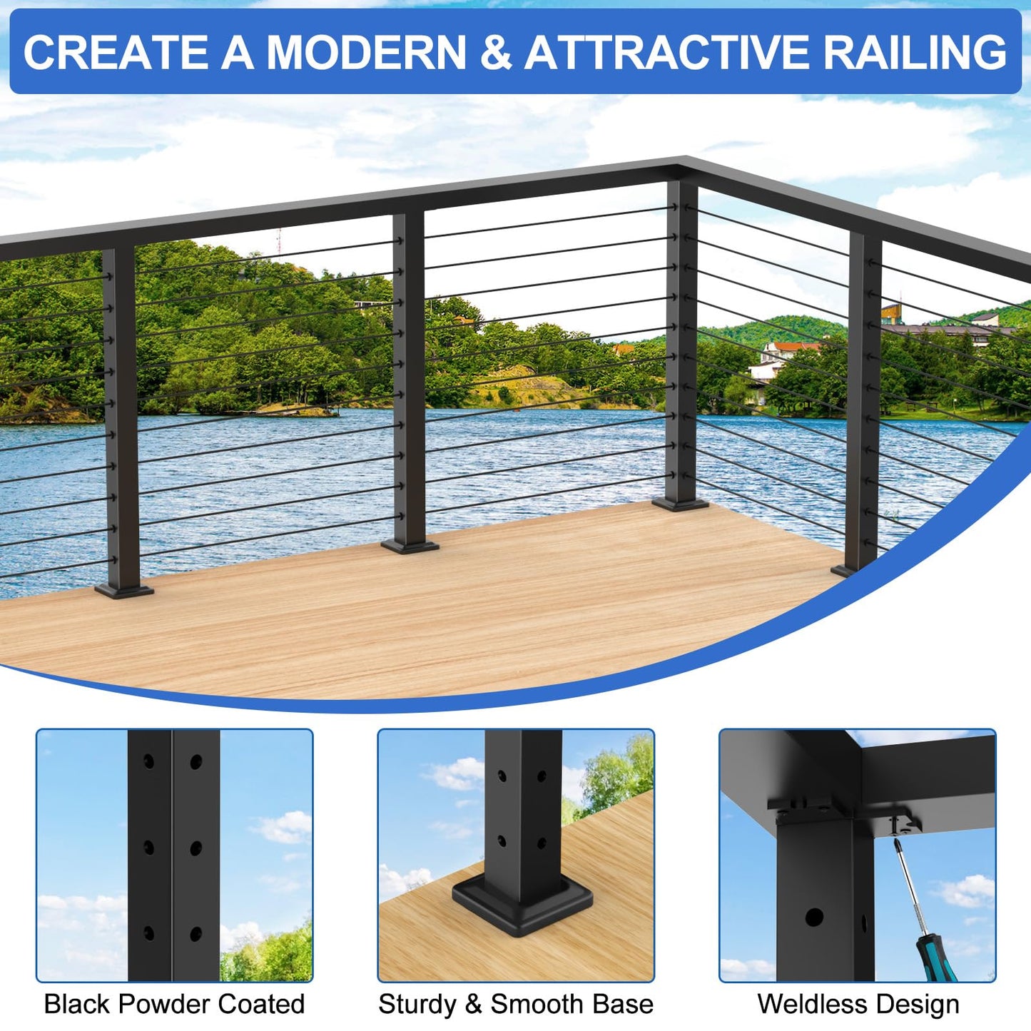 PLANTOP 36" Cable Railing Corner Post(Post 35"x2"x2"), 1 Pack 90° L-Drilled Flat Top Corner Post, Stainless Steel Black Surface Mount Deck Cable Railing Post for Indoor Outdoor, MY08-C
