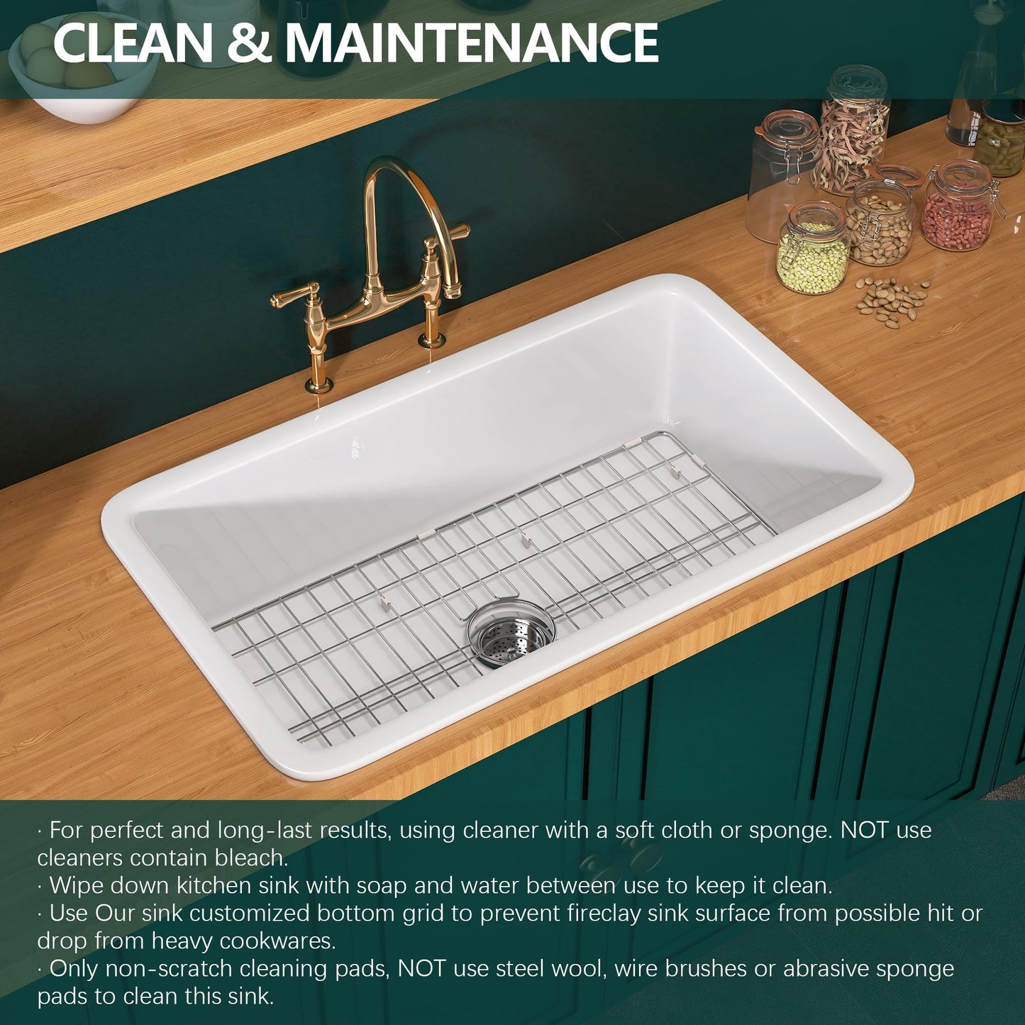 Miuara White Undermount Kitchen Sink 32 Inch - Large Topmount Fireclay Drop In Sink 32"x19"x10", Dual Mount Heavy Duty Deep Single Bowl, with 2 Custom Accessories, Glossy White, for Kitchen