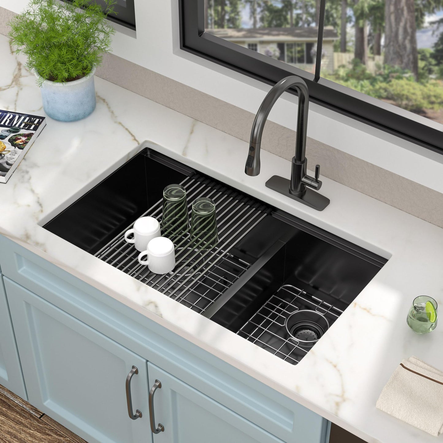 Fulorni 33"x19" Undermount Double Bowl Kitchen Sink Workstation - Gunmetal Black NANO-PVD, 16 Gauge 304 Stainless Steel, Under Counter Low Divide 60/40 Split Basin for Kitchen