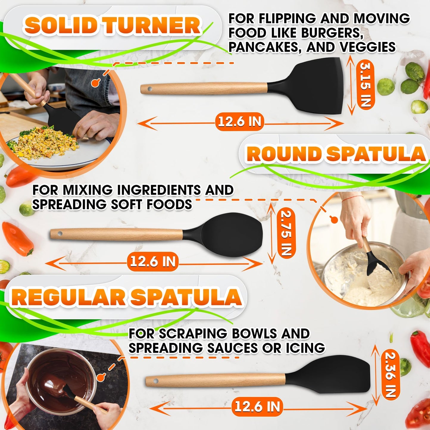 14 PCs Black Silicone Cooking Utensils Set with Holder - Versatile Kitchen Utensils with Sturdy Wooden Handles - Heat Resistance Silicone Kitchen Utensil Set with Holder for All Cooking & Baking Needs