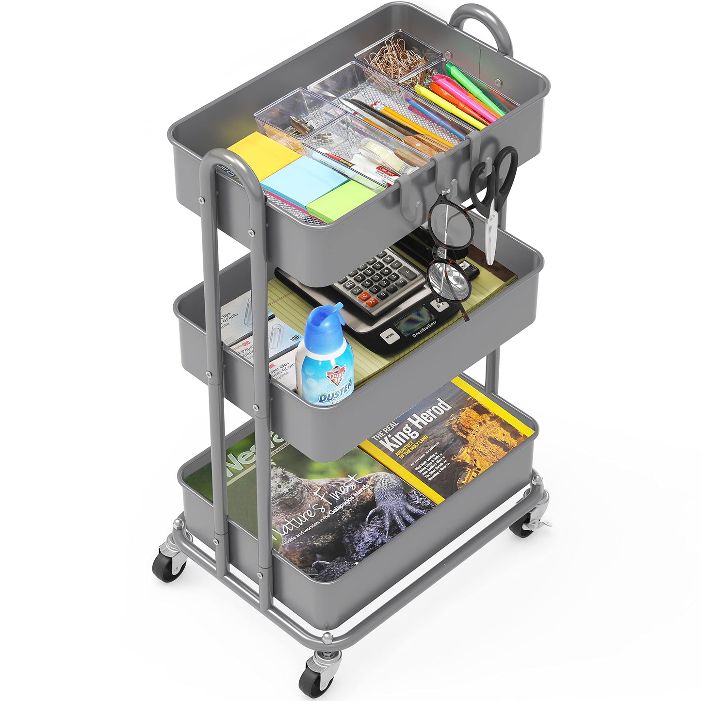 Simple Houseware 3-Tier Heavy Duty Metal Utility Rolling Cart, Silver