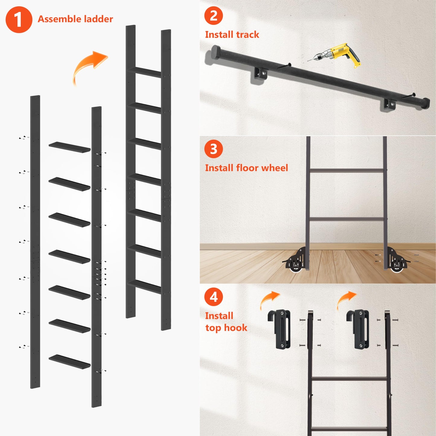 87" Sliding Library Ladder, Black +8FT Rolling Track Kit