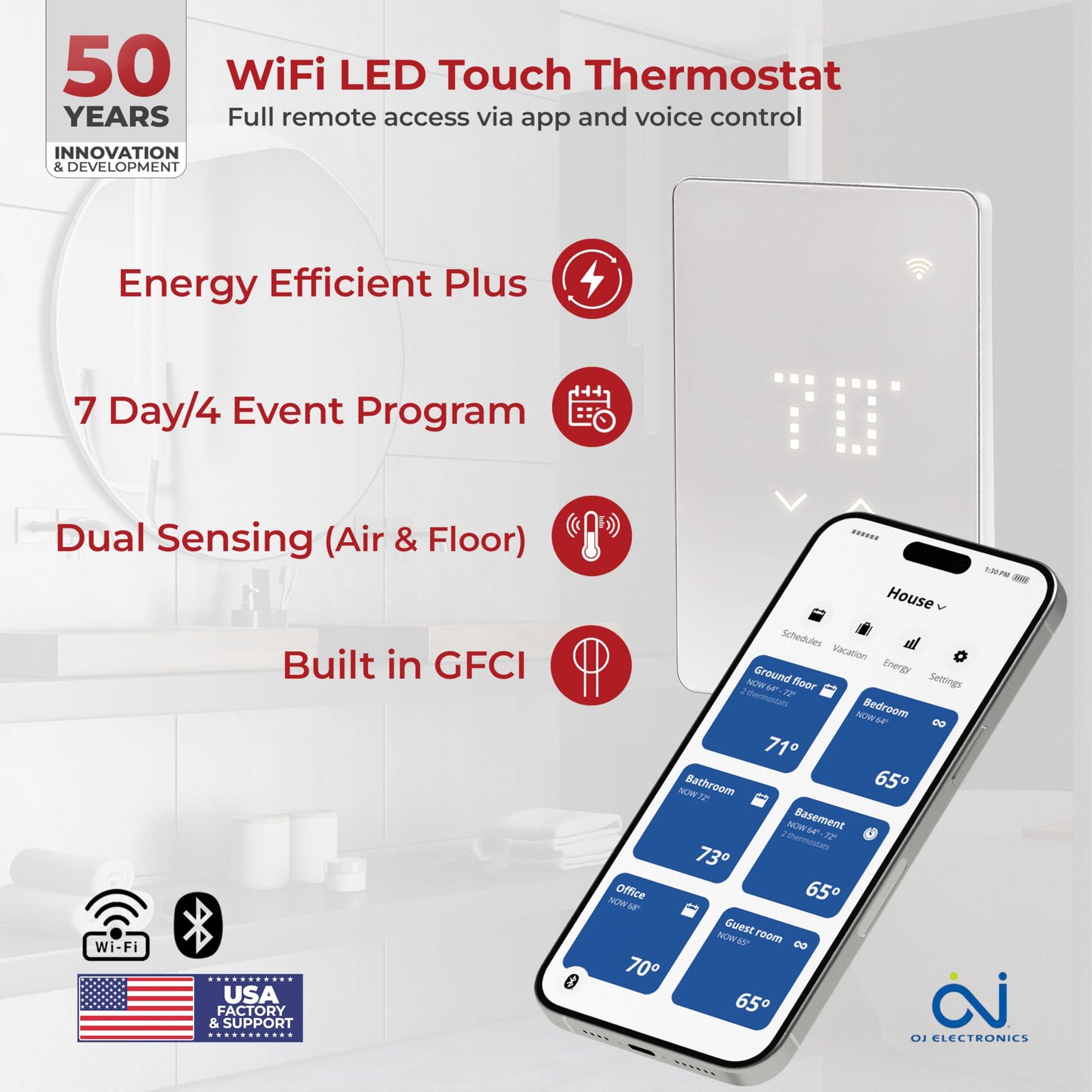 LuxHeat 10sqft Electric Radiant Floor Heating System - 120v In Floor Heating System for Tile - Includes UWG5 WiFi Programmable Thermostat w/GFCI, Tile Uncoupling Membrane, Heater Cable, Sensor & Alarm