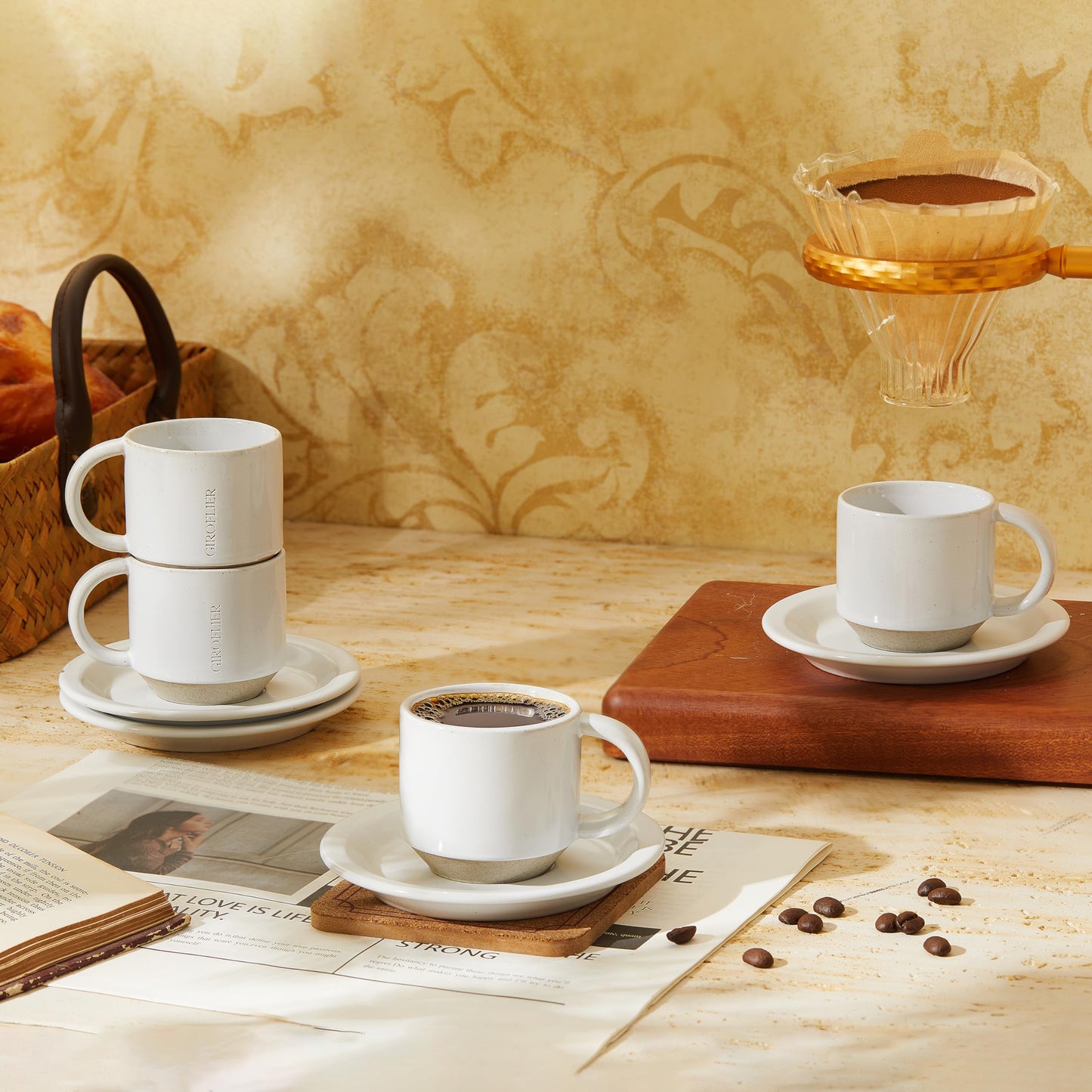 Giroflier Oak Espresso Cups Set of 4, 3 oz Demitasse Cups, Modern Style, Microwave & Dishwasher Safe (Snow)