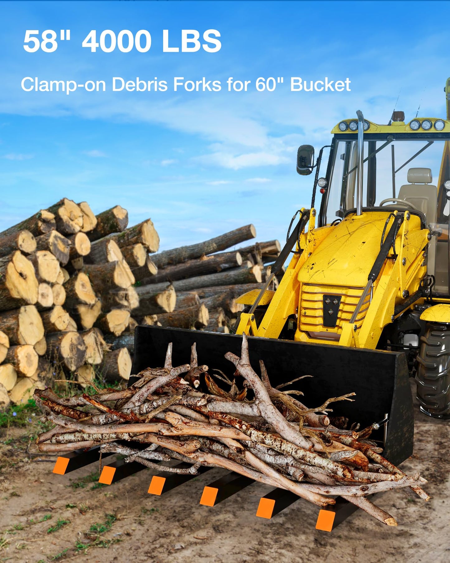 58Inch 4000lbs Pallet Forks Heavy Duty Tractor Forks with Adjustable Stabilizer Bar and 6 Forks Configuration for Tractor Attachments, Skid Steer, Loader Bucket