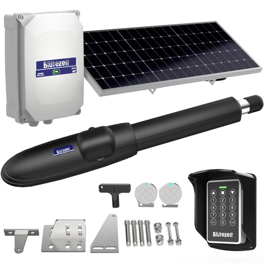 Blütezeit MS600 Solar Swing Gate Opener + Wireless Keypad Bundle – 880 lb Single-Arm Operator with Built-in 24 V Battery, 25W Solar Panel & IP54 Keypad