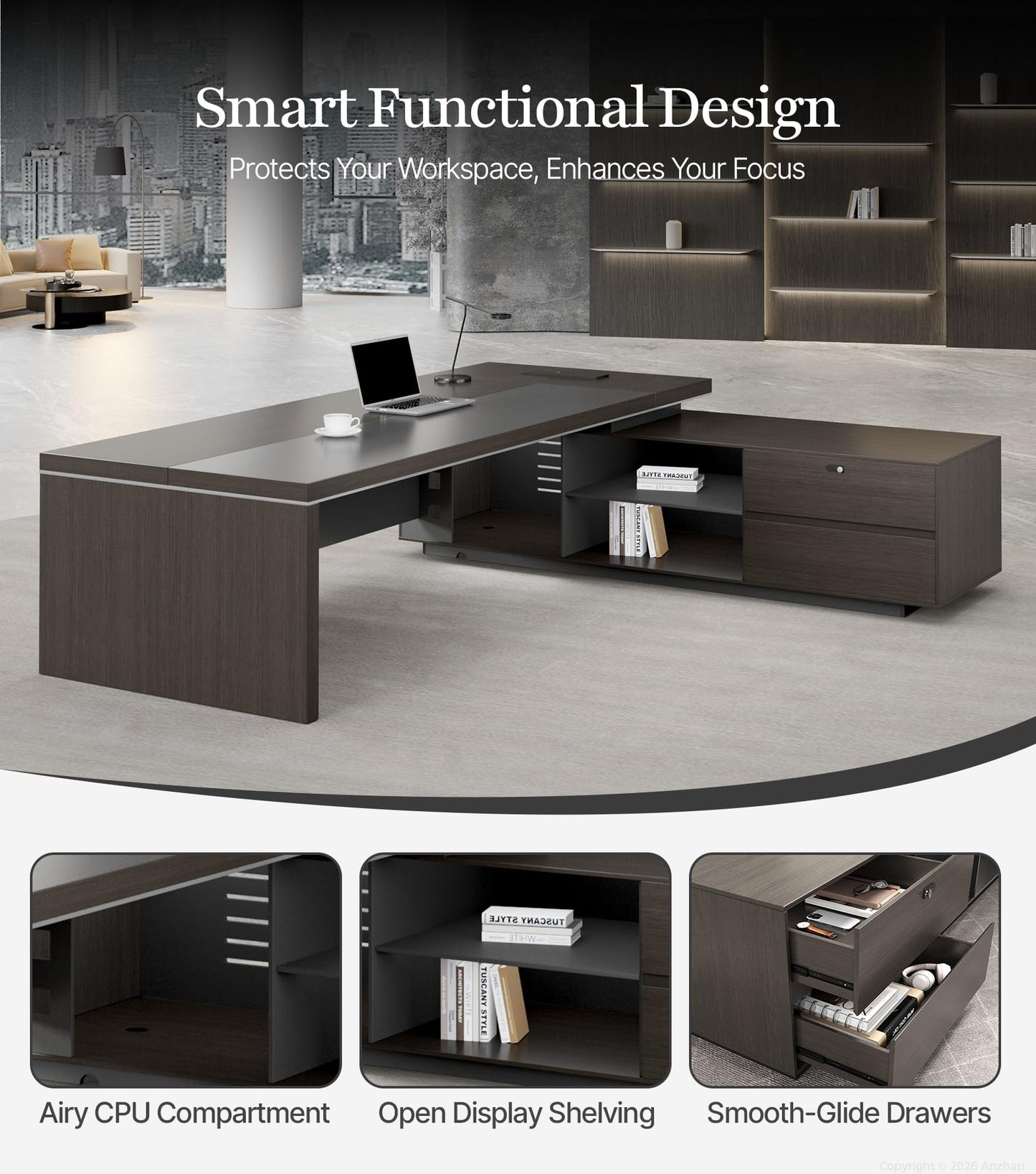 Anzhap 79" L-Shaped Executive Desk with Power Outlets & Reversible Return, Luxury Office Desk with Drawers, Storage Shelves and Ventilated CPU Compartment for Home and Office (79" L x 65" W x 30" H)