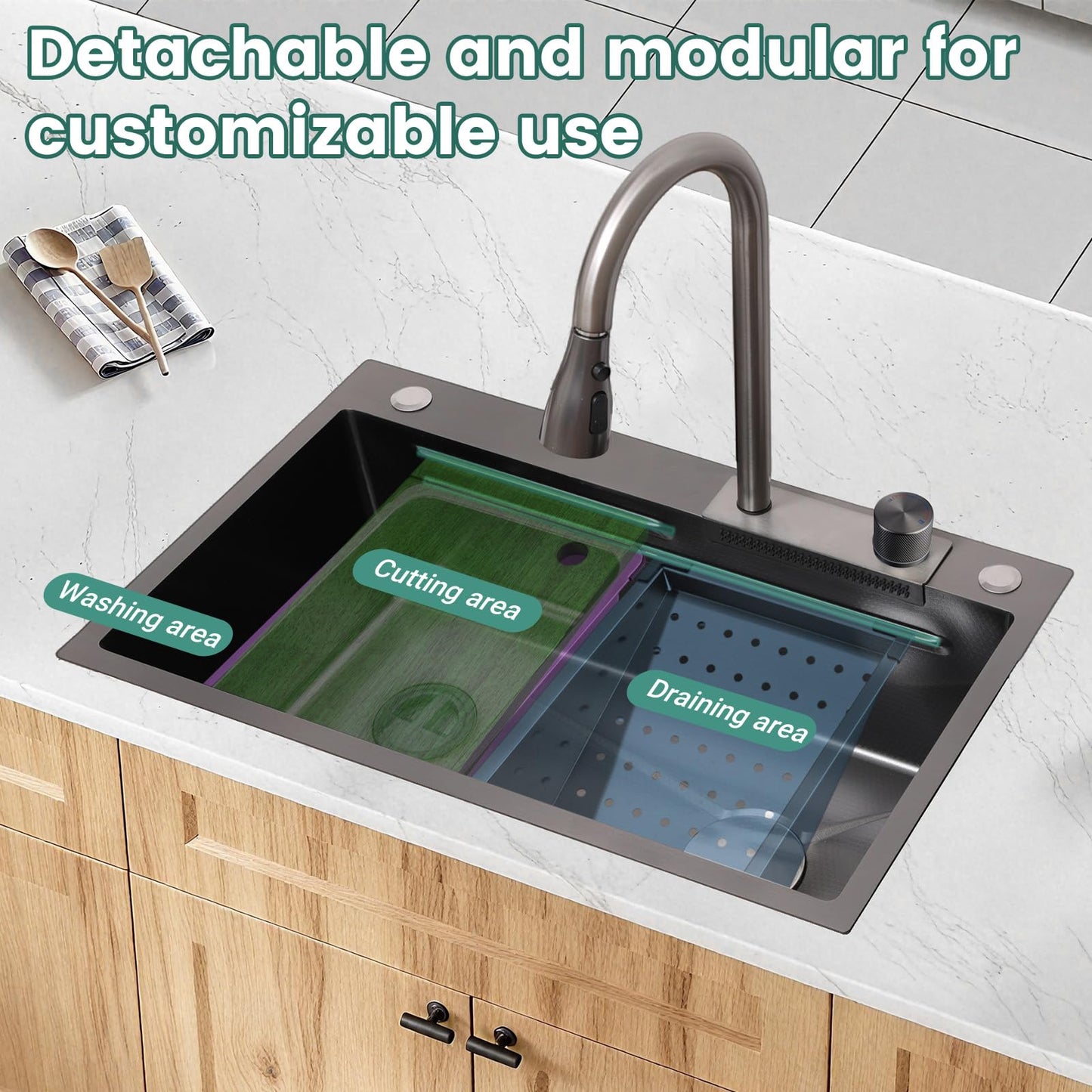 30Inch Kitchen Sink with Faucet Combo Waterfall Black Stainless Steel Waterfall Sink Kitchen Countertop Multi-Functional Sinks Farmhouse Undermount or Countertop Drop in