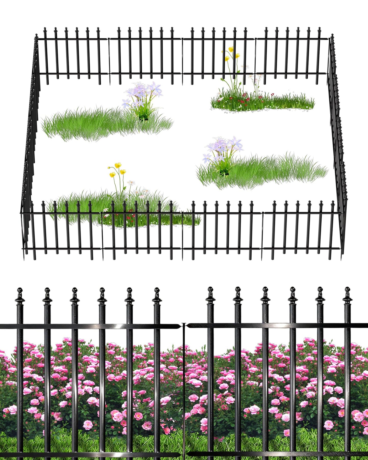 12-Panel Wrought Iron Garden Fence, 24in H x 24ft L, Thickened Hollow Iron Tubes, Multi-Purpose Metal Fence for Dogs, Gardens & Patio