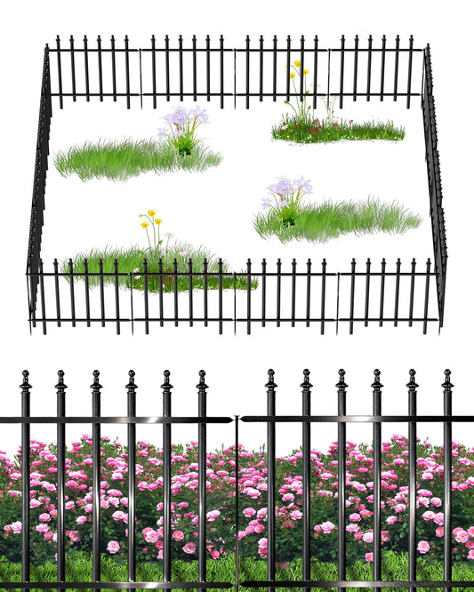 12-Panel Wrought Iron Garden Fence, 24in H x 24ft L, Thickened Hollow Iron Tubes, Multi-Purpose Metal Fence for Dogs, Gardens & Patio