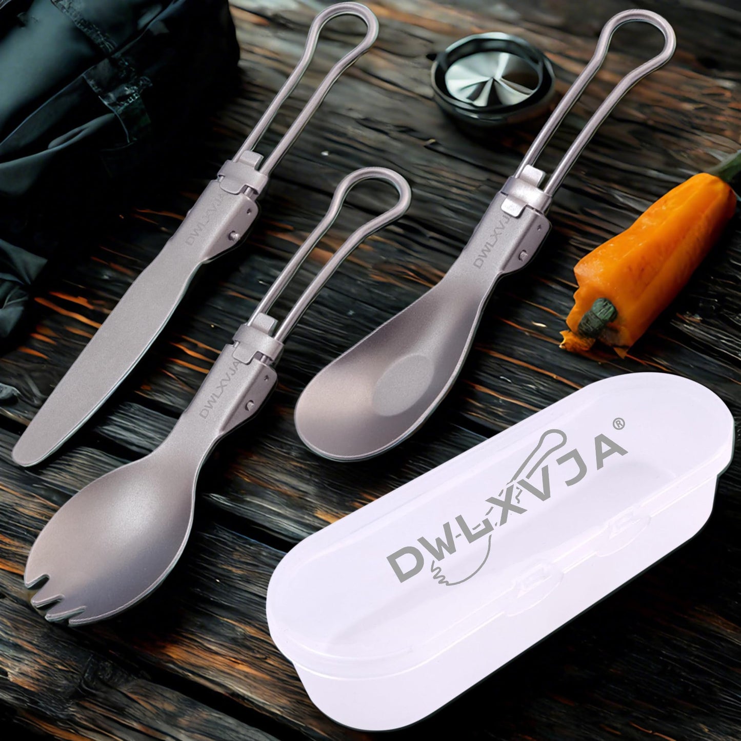 DWLXVJA Titanium Camping Utensils Set, 3-Piece Foldable Spork Spoon Knife with Case, 0.15lb Lightweight Travel Flatware for Backpacking Outdoor Hiking Office Lunch, Reusable Eco-Friendly Gift