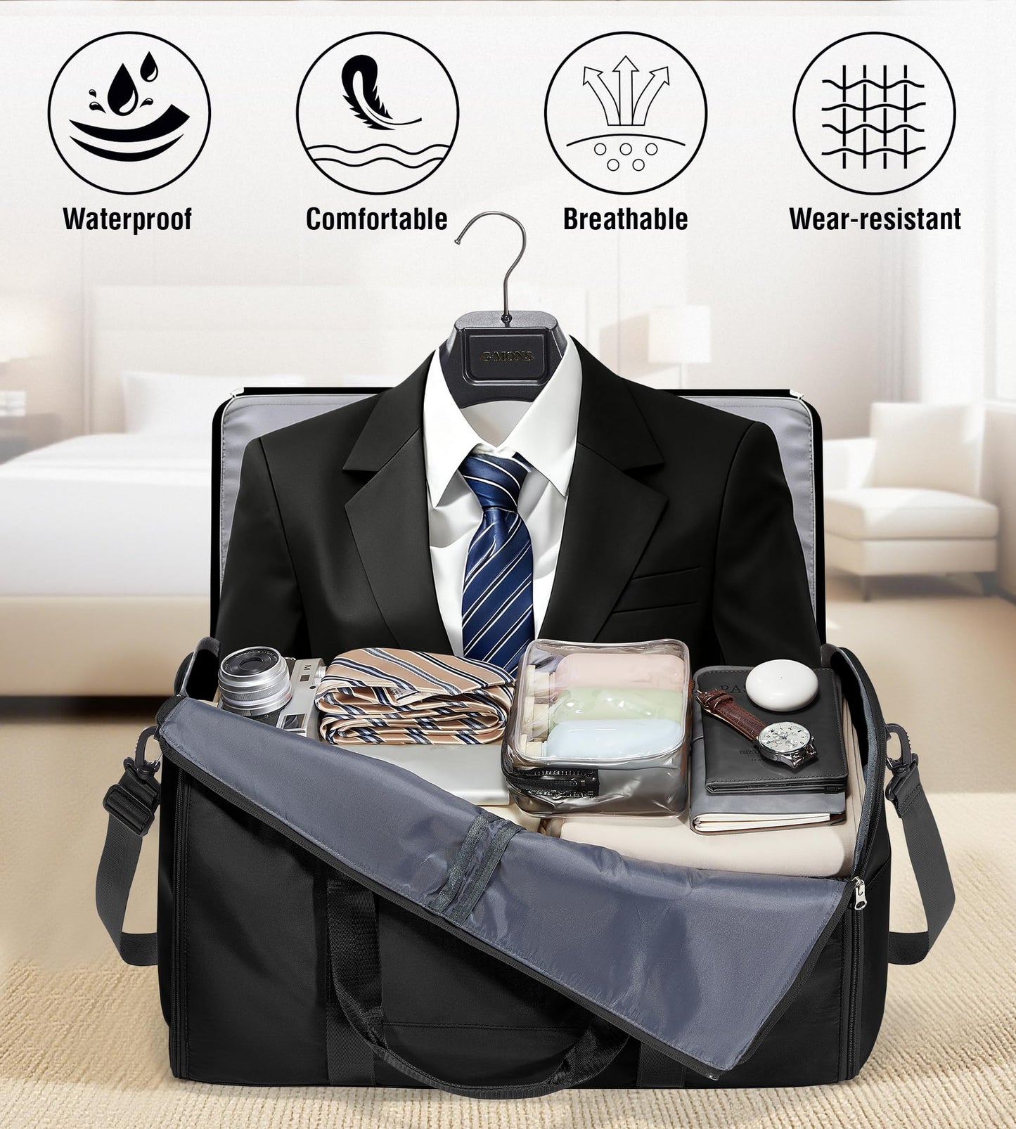 Convertible Garment Duffle Bags for Travel, Carry On Garment Bag for Women Men 2 in 1 Hanging Suit Bag, Large Weekender Bags for Business Trip Wedding Hanging Clothes Black