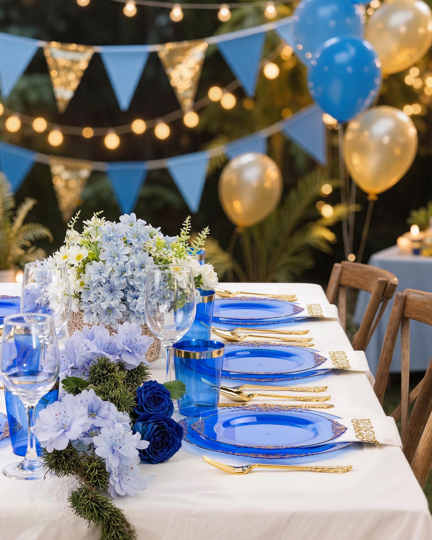 Nervure 175PCS Blue Plastic Plates - Disposable Blue Gold Party Plates & Pre Rolled Napkins with Cutlery for 25 Guests, 50Plates, 75Silverware, 25Cups, 25Napkin for Wedding & Party & Independence Day